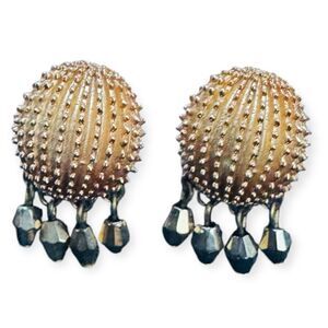 Crown Trifari Gold Metal Dangle & Domed Clip on Earrings